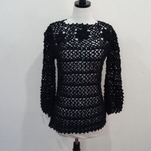 LeRoy Knitwear Black Acrylic Open Knit Sweater, Size L. Vintage 1950s NEW!